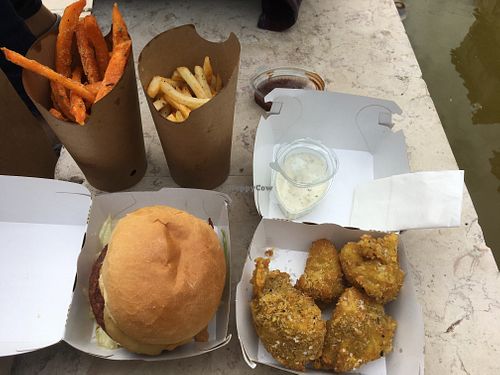 Saldanha burger, cauliflower chicken wings and chips  at The Green Affair - Chiado in Lisbon