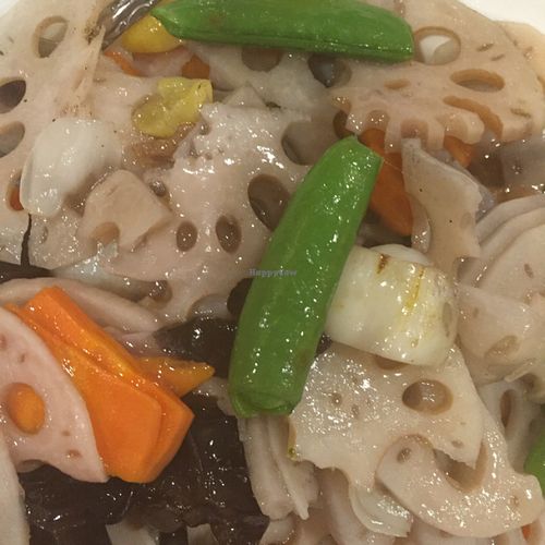 Fresh lotus root with peas, ginkgo nuts at Enjoy Vegetarian - Financial District in San Francisco