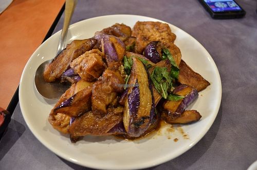My favorite: Basil, Eggplant and Deep Fried Tofu in Satay Sauce. at Enjoy Vegetarian - Financial District in San Francisco