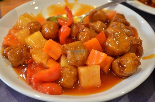 Sweet & Sour Sauce Soy Chicken, Bell Peppers & Pineapple - not so good, I would not recommend at Enjoy Vegetarian - Financial District in San Francisco