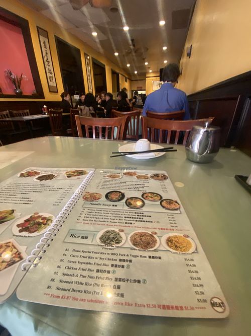 Menu and Bustling Lunch Hour Crowd  at Enjoy Vegetarian - Financial District in San Francisco