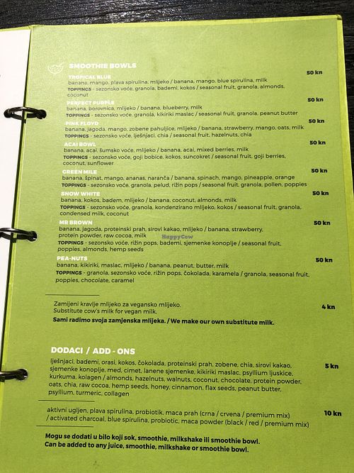 Menu at Roots in Zagreb