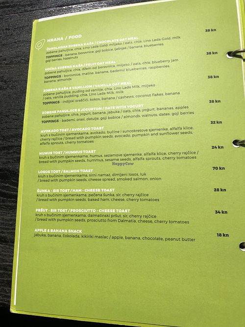 Menu at Roots in Zagreb