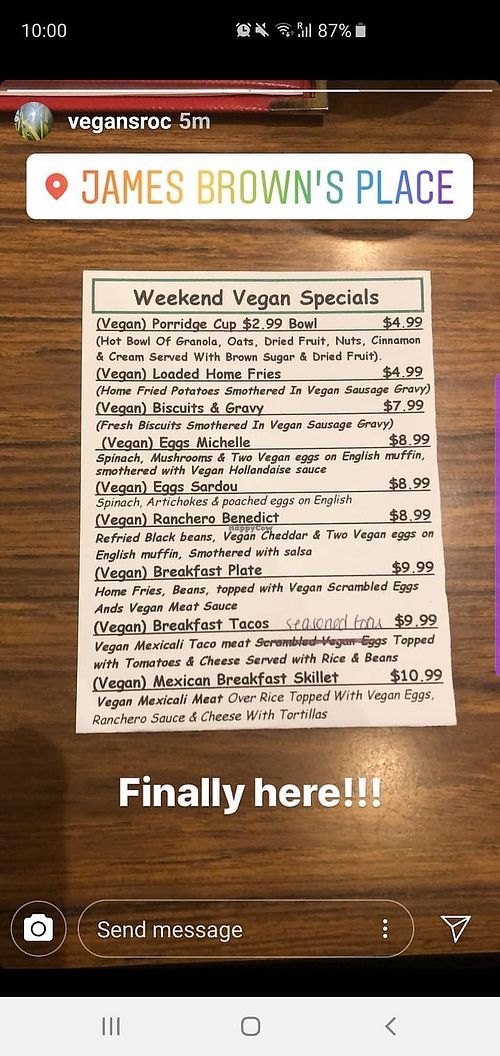 Menu at James Brown's Place in Rochester