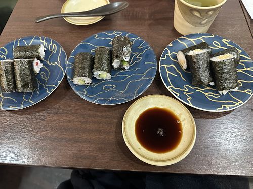 Cucumber, pickled plum, and natto rolls  at Mori Mori Sushi Omicho in Kanazawa