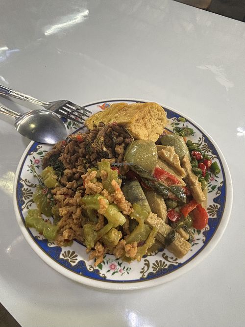 Green curry, some minced dish, slabs of tofu   at Chalawan - Vegan Food Stall in Bangkok