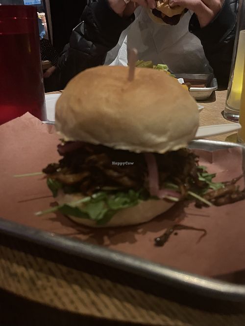 Pulled mushroom burger at Monk's Meats at Starr Bar in Brooklyn