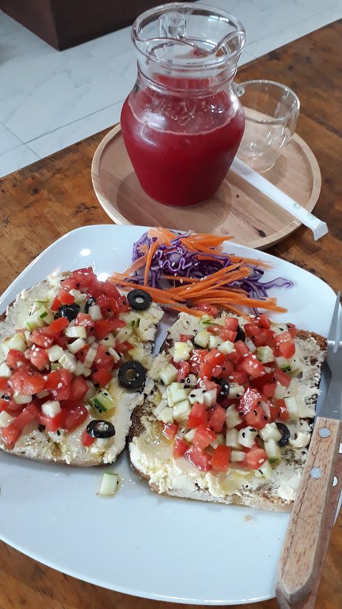 Hummus toast and juice at Horizon Cafe in Koh Samui