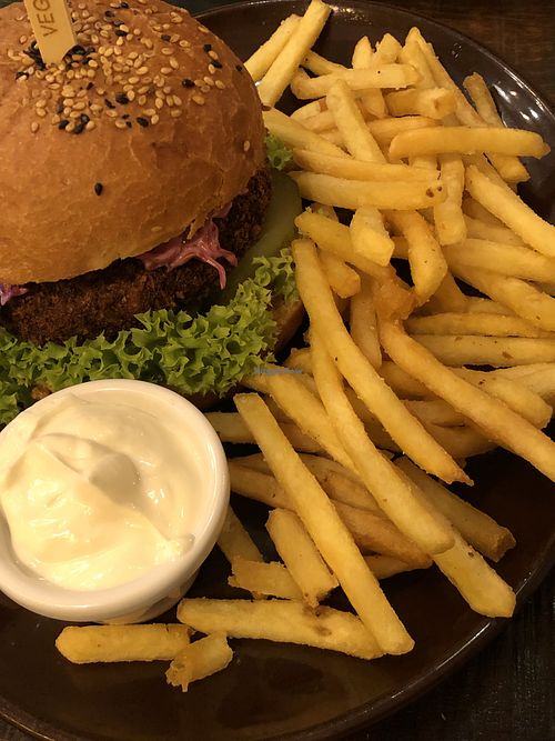 Panko-fried burger with chips   at Palo Verde in Prague