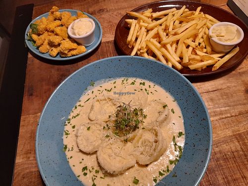 Mushroom tortellini in cream sauce, chickn nuggets, fries and mayo at Palo Verde in Prague