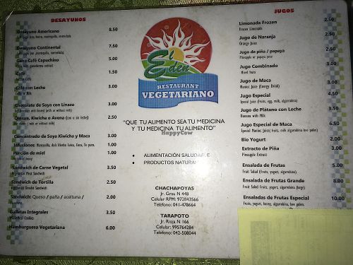 menu1 at Restaurant Vegetariano El Eden in Chachapoyas