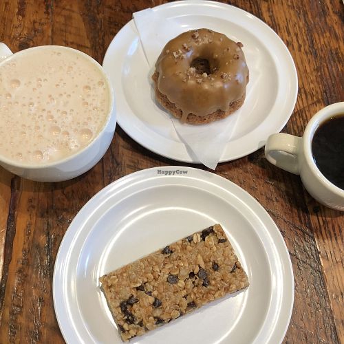 Chocolate PB Bar, Maple Peacan Mini Bundt, Chai Latte w/ Soy Milk and Small Drip Coffee at Back To Eden Bakery in Portland