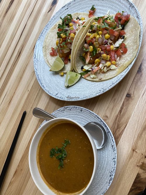 Lentil soup and taco appetizer  at Veggie Grill by Next Level - W 23rd in New York City