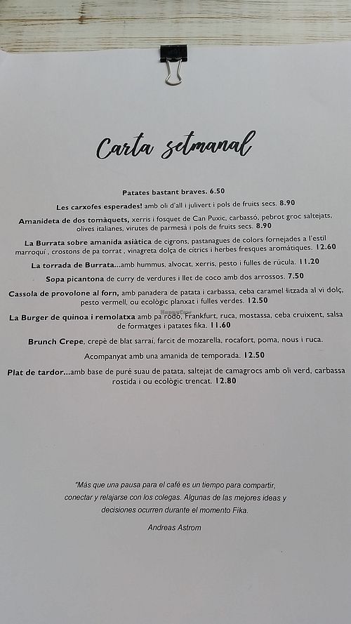 Daily special menu at Fika Brunch Shop in Caldes De Montbui