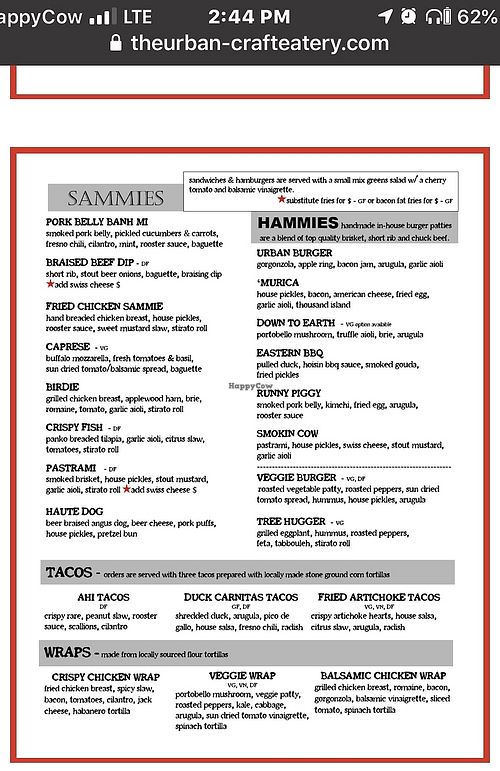Menu as of June 2020 at The Urban in Canyon Lake
