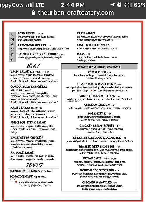 Menu as of June 2020 at The Urban in Canyon Lake