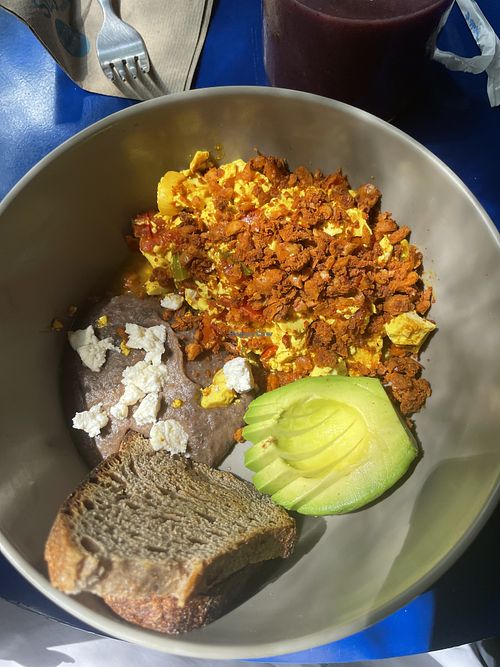 Scrumbled tofu with beans  at Mora Mora - Condesa in Mexico City