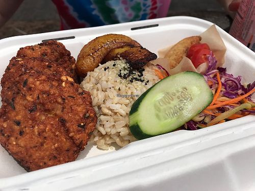 Black eye pea fritters with sides: plantains, rice, and salad at Roots Time vegan wagon in Hilo