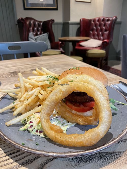 Vegan Burger & Fries with Onion rings & Slaw  at The Crown and Thistle in Carlisle