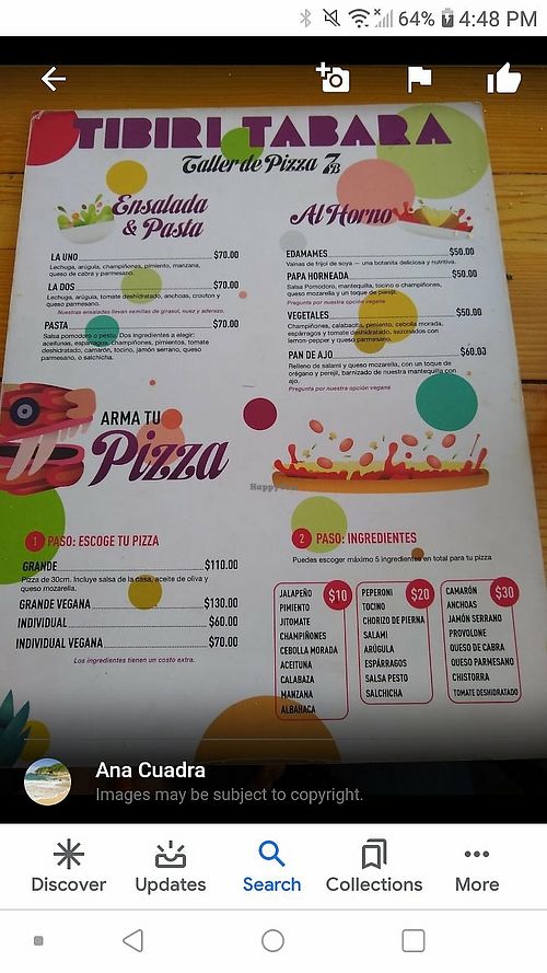 Menu at Tibiri Tibara 7B in San Luis Potosi