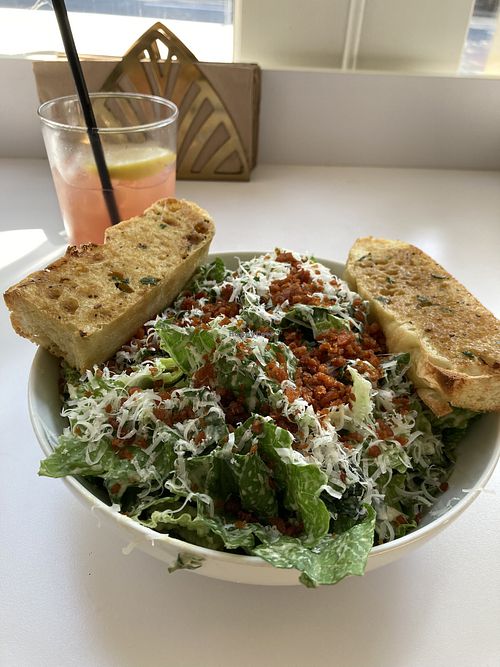 Caesar salad & strawberry lemonade 💖  at Virtuous Pie in Victoria