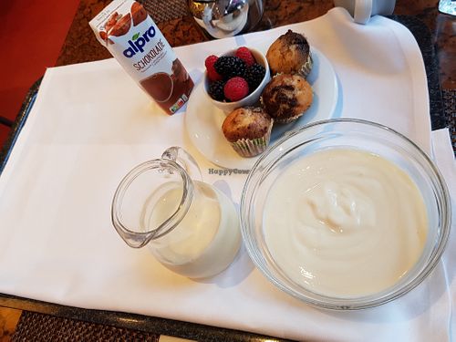 Soy yoghurt, soy milk and alpro soy chocolate milk, blackberries and raspberry and tiny vegan cupcakes.  at SORAT Hotel in Berlin