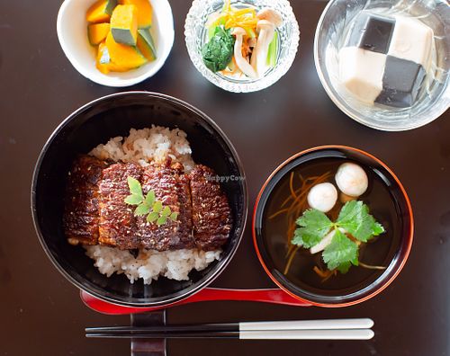 Amazing mocked eel rice bowl set at Toshie's Kitchen in Kobe