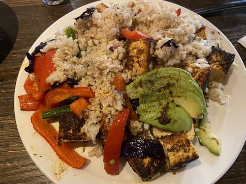 Blackened Tofu with rice and Veg.   Really good    at Malt and Mortar in Edmonton