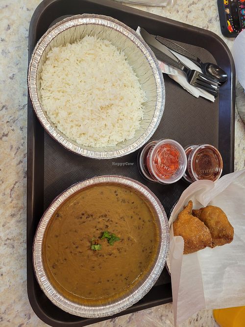 Black lentil dahl, rice, and samosas! at Curry Express in Somerville
