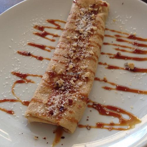 Halva-Orange Filled Blintz (vegan) at Aba Gil Organic Food in Tel Aviv