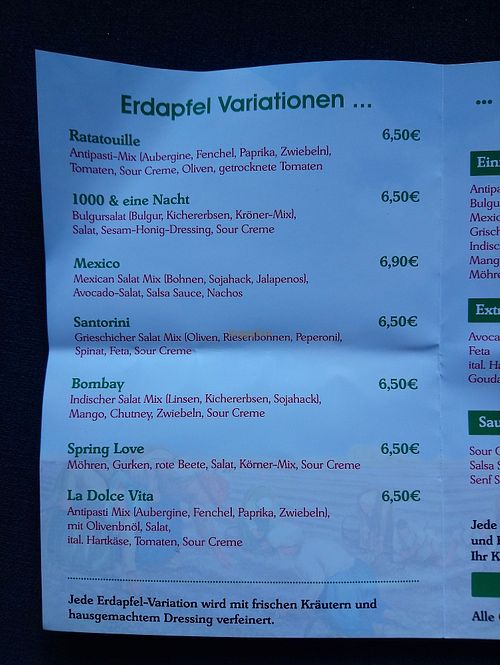The menu at Café & Bistro Erdapfel in Cologne