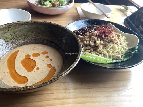 Cold vegan Tantan Tsuke-men (dipping noodles) with vegan ‘pork’   at Shinmachi in Newtown