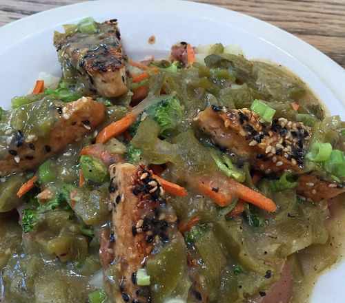 potatoes and sesame tofu with veggies and green chile sauce at Adam's Mountain Cafe in Manitou Springs