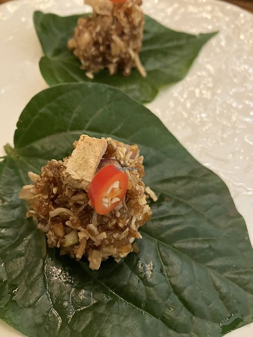 Betel leaf with salted coconut caramel and peanuts  at Jumbo Thai in Brisbane