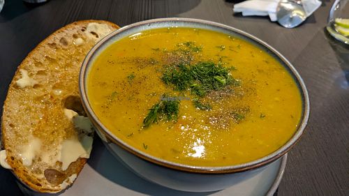 Vegetable soup with sourdough at Pure Vegan in Lancaster