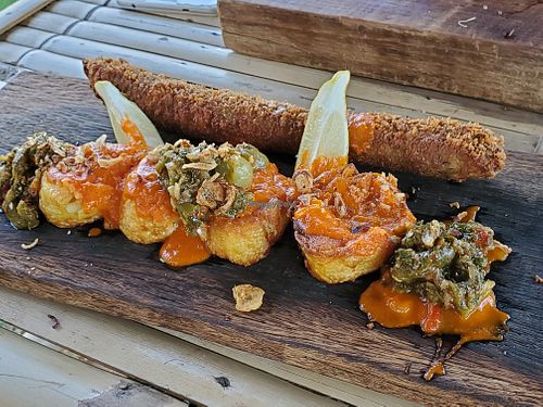 Deep fried breadcrumb Thai eggplant, batter fried potatoes at Boutique Farmers in Pak Nam Pran