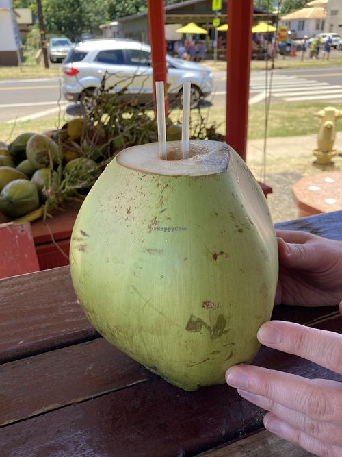 They cut off the top of the coconut so we could drink the water inside  at The Thai and Smoothie Place in Waimea