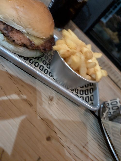 Burger and fries at The Rickety Press in Oxford