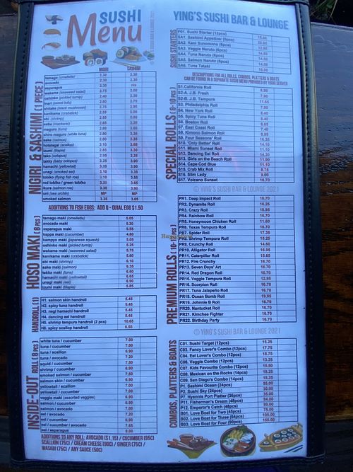 Sushi menu  at Ying's in Hyannis