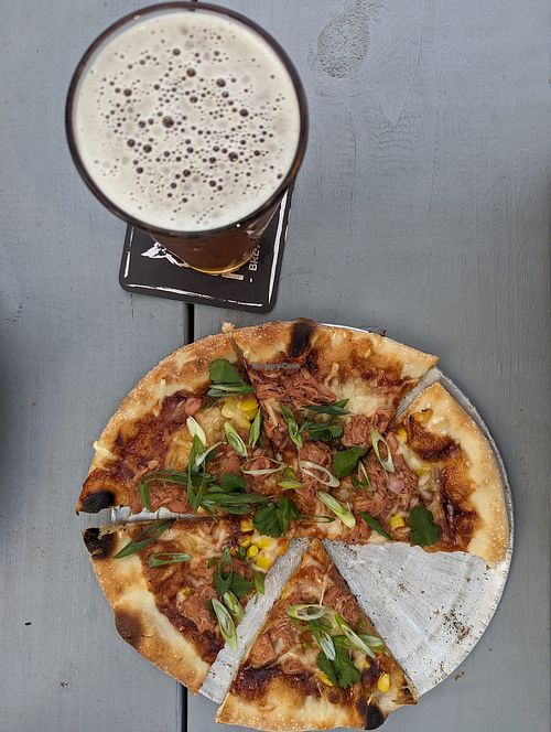 Vegan Jackfruit Pizza and beer!  at Dangerous Minds Brewing Co in Pompano Beach