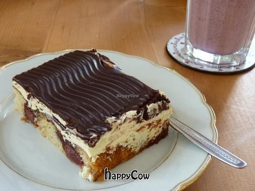 Raspberry and mint soy lassi, and cherry-banana-chocolate german pie at Cafe Vux in Berlin