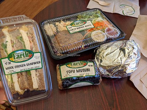 Fishwich + mock chicken sandwich are SO good!! at Down to Earth - Store and Deli in Kahului