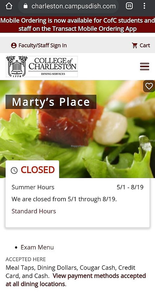 College of Charleston dining hall is open only during school schedule. at Marty's Place in Charleston