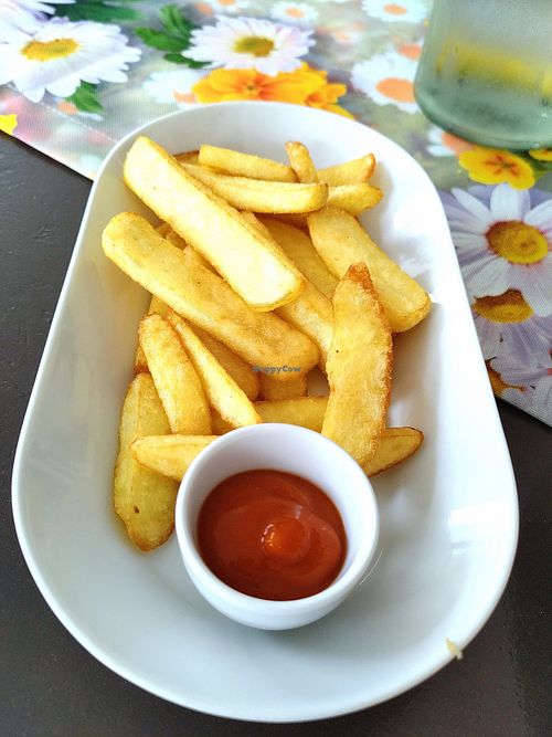 Fries and ketchup at Vegan Vacation in Bergen