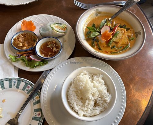 Curry and spring rolls with jasmine ricee  at Curry & Coco in Astoria