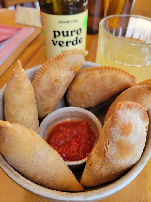 Like a baked gyoza- nice and a green tea kombucha at Cajui in Sao Paulo