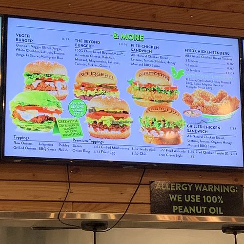 Vegan and veg options menu  at BurgerFi - Midtown Mall in Anchorage