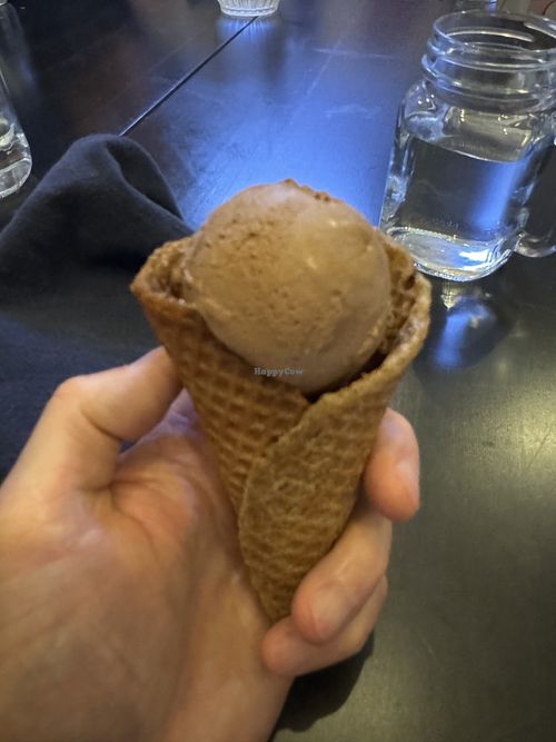Handmade cones with blood orange chocolate cashew based ice cream   at Sound & Savor in Oakland