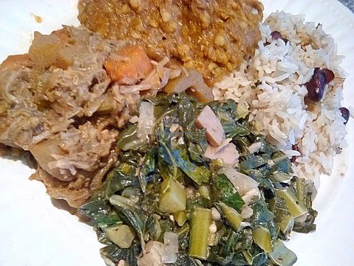 Delicious Rasta vibe combining Jamaican & Ethiopian flavors. Jerk jackfruit stew, Mesir Wat, Red beans & rice, and Calaloo. at Sound & Savor in Oakland