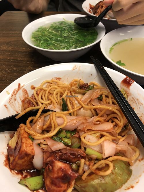 Foreground rice flat noodle and egg noodle with big bowl soup  at Pine Tree Cafe 长春树 - Lucky Plaza in Central Singapore